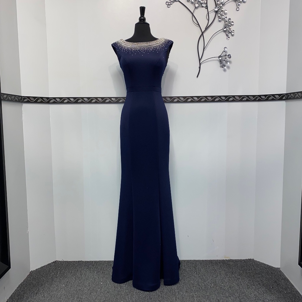 Navy Jeweled Fit & Flare Long Formal Dress